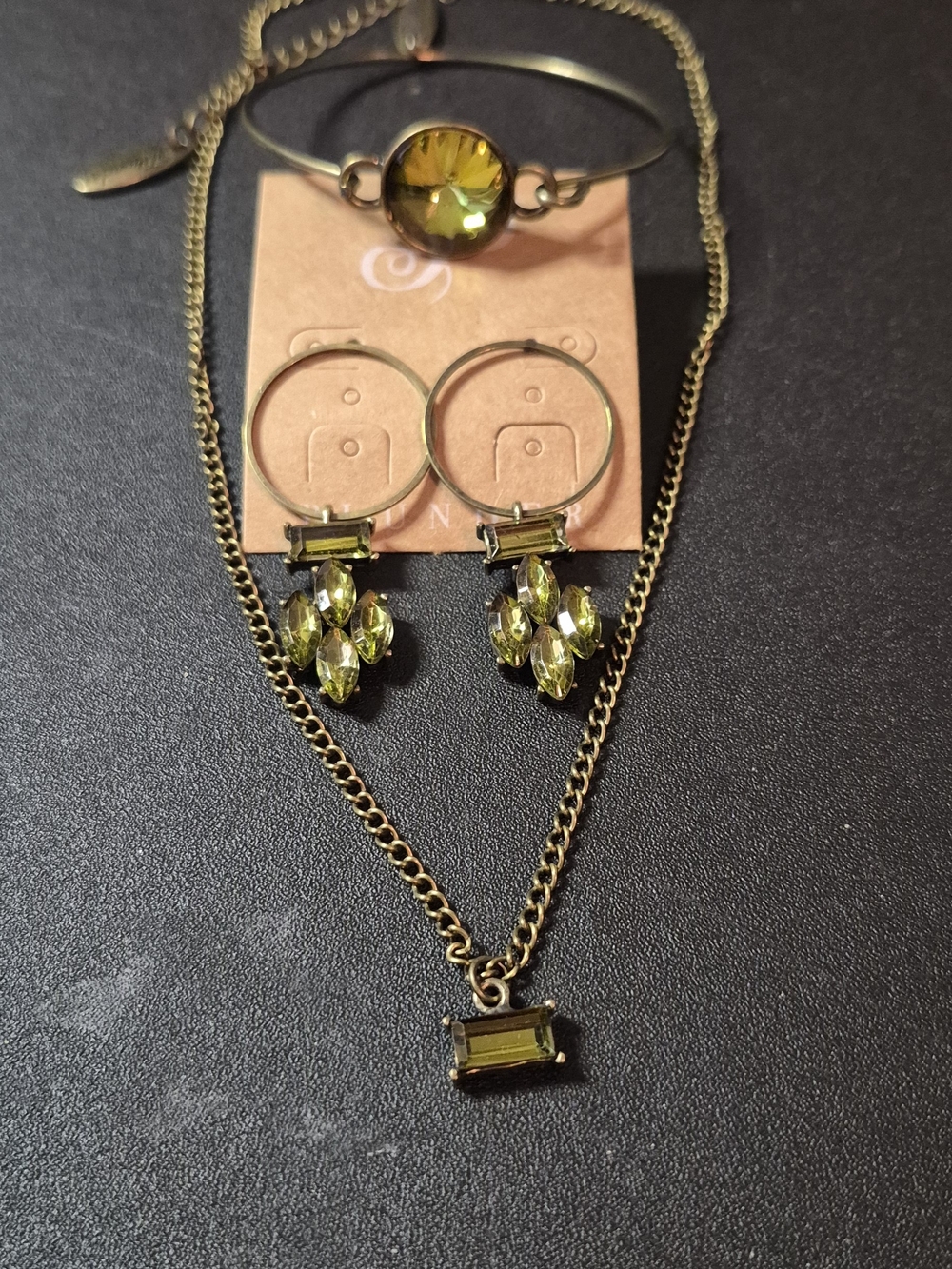 Plunder Gold-Tone Necklace, Earrings & Bracelet with Olive Green Crystals - Picture 5 of 5